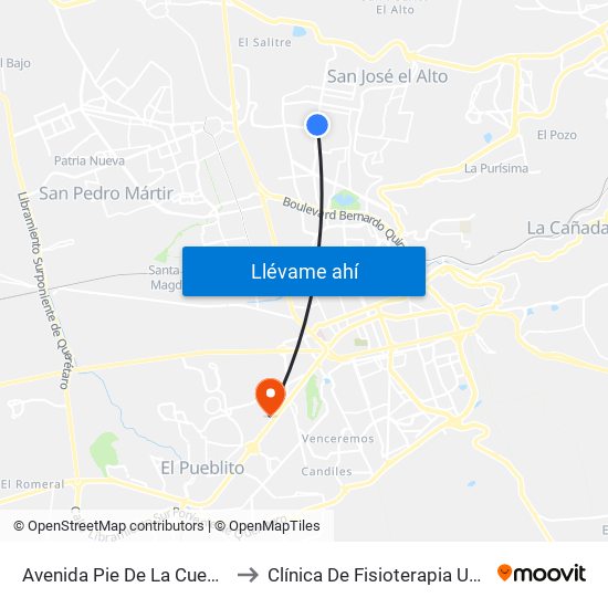 Avenida Pie De La Cuesta to Clínica De Fisioterapia UAQ map