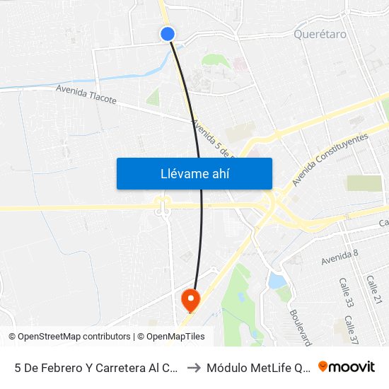 5 De Febrero Y Carretera Al Campo Militar to Módulo MetLife Querétaro map