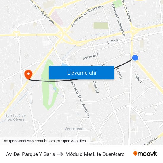 Av. Del Parque Y Garis to Módulo MetLife Querétaro map