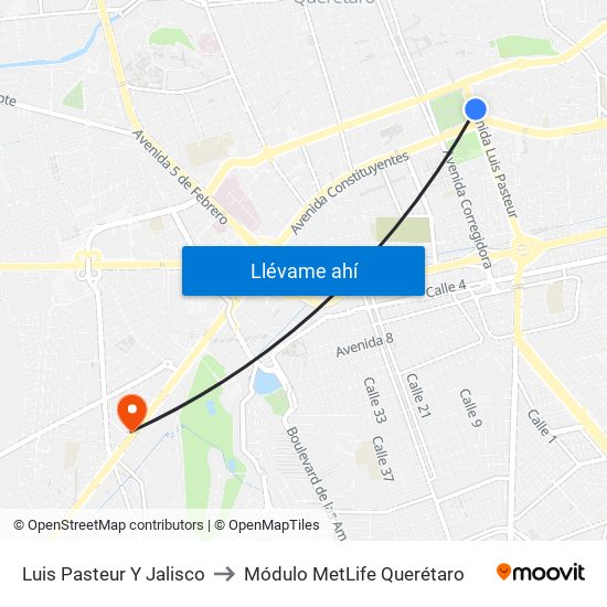 Luis Pasteur Y Jalisco to Módulo MetLife Querétaro map