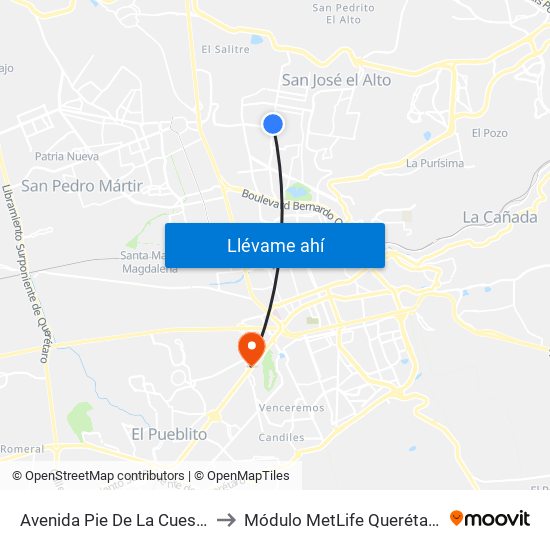 Avenida Pie De La Cuesta to Módulo MetLife Querétaro map