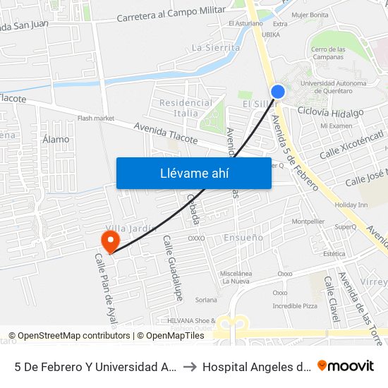 5 De Febrero Y Universidad Autonoma De Qro. to Hospital Angeles de Querétaro map