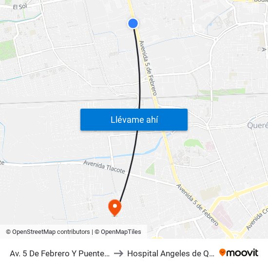 Av. 5 De Febrero Y Puente De Mabe to Hospital Angeles de Querétaro map