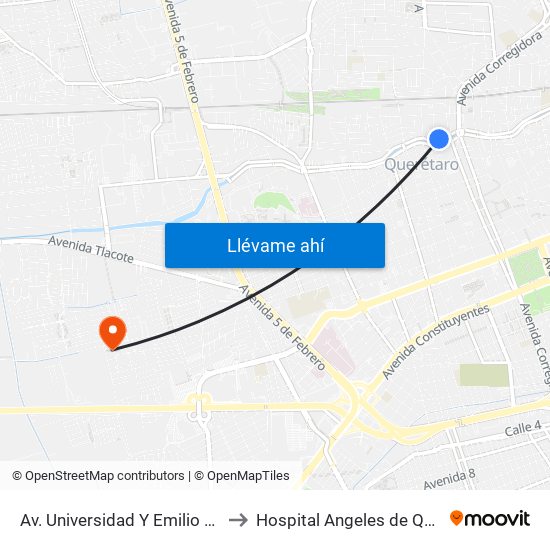 Av. Universidad Y Emilio Carranza to Hospital Angeles de Querétaro map