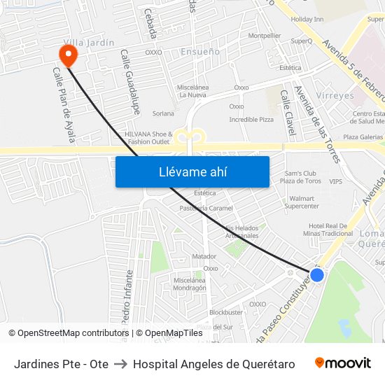 Jardines Pte - Ote to Hospital Angeles de Querétaro map