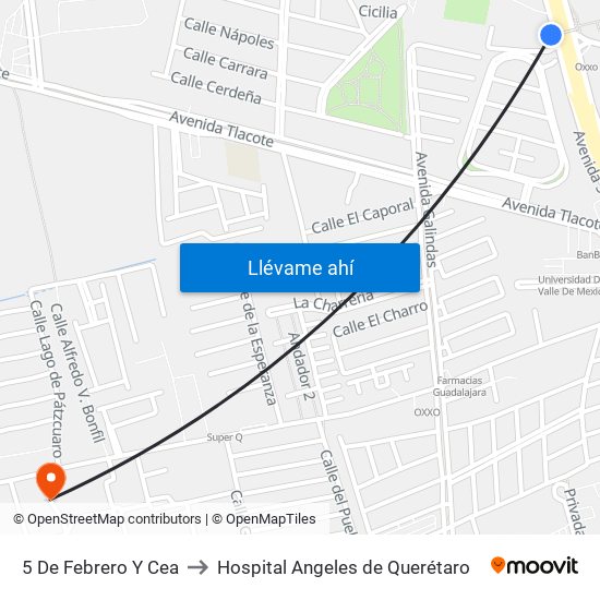 5 De Febrero Y Cea to Hospital Angeles de Querétaro map