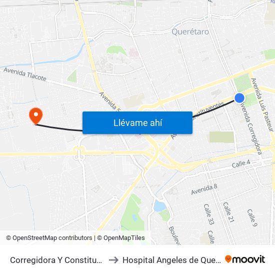 Corregidora Y Constituyentes to Hospital Angeles de Querétaro map