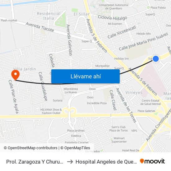 Prol. Zaragoza Y Churubusco to Hospital Angeles de Querétaro map