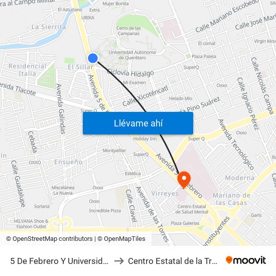 5 De Febrero Y Universidad Autonoma De Qro. to Centro Estatal de la Transfusión Sanguínea map