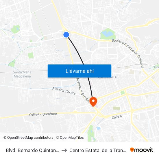 Blvd. Bernardo Quintana Y 5 De Febrero to Centro Estatal de la Transfusión Sanguínea map
