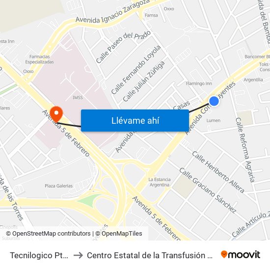 Tecnilogico Pte-Ote to Centro Estatal de la Transfusión Sanguínea map