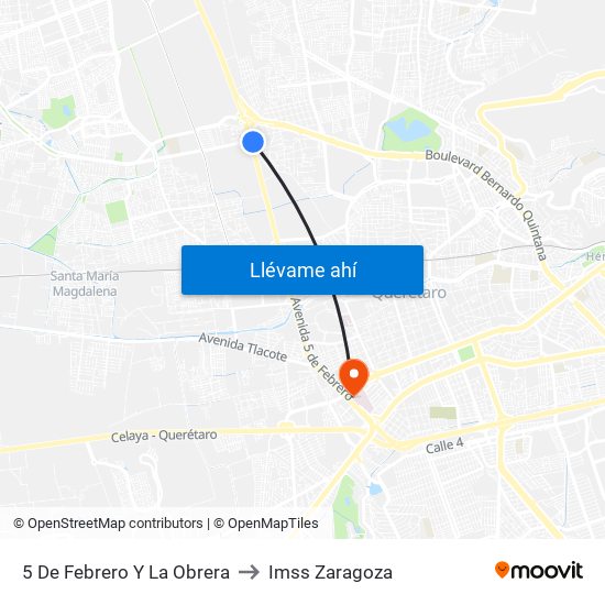5 De Febrero Y La Obrera to Imss Zaragoza map