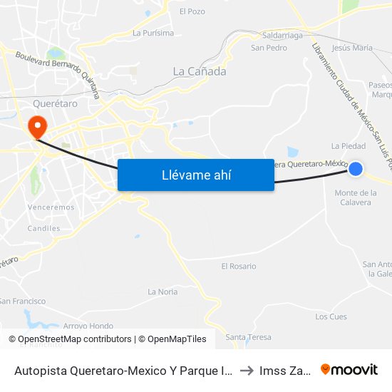 Autopista Queretaro-Mexico Y Parque Industrial El Marques to Imss Zaragoza map