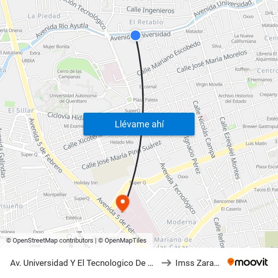 Av. Universidad Y El Tecnologico De Queretaro to Imss Zaragoza map