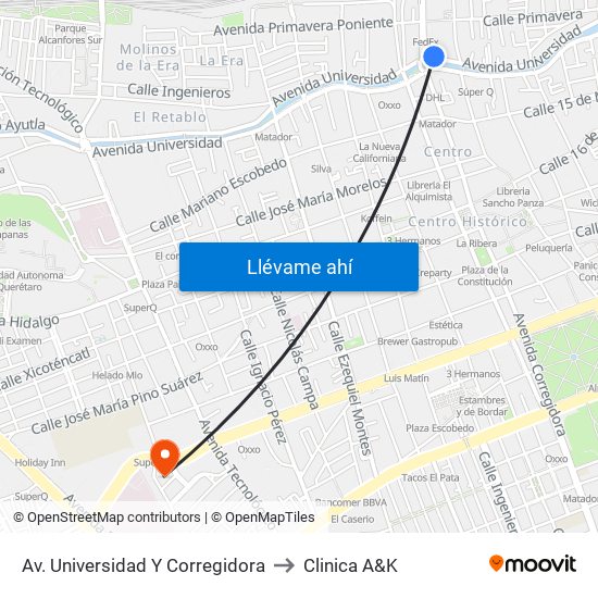 Av. Universidad Y Corregidora to Clinica A&K map