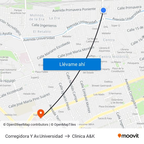 Corregidora Y Av.Universidad to Clinica A&K map