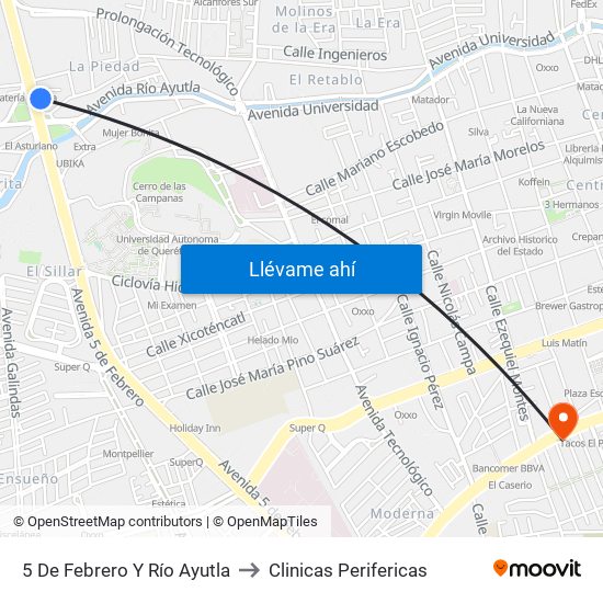 5 De Febrero Y Río Ayutla to Clinicas Perifericas map