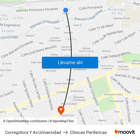 Corregidora Y Av.Universidad to Clinicas Perifericas map
