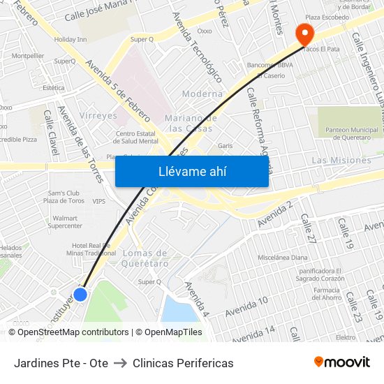 Jardines Pte - Ote to Clinicas Perifericas map