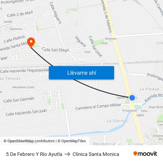 5 De Febrero Y Río Ayutla to Clinica Santa Monica map