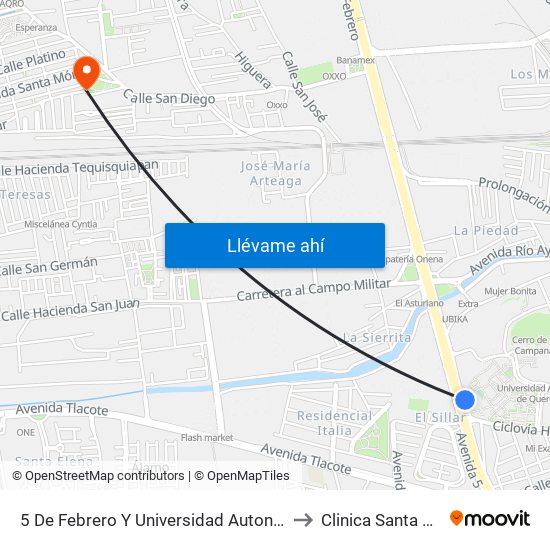5 De Febrero Y Universidad Autonoma De Qro. to Clinica Santa Monica map
