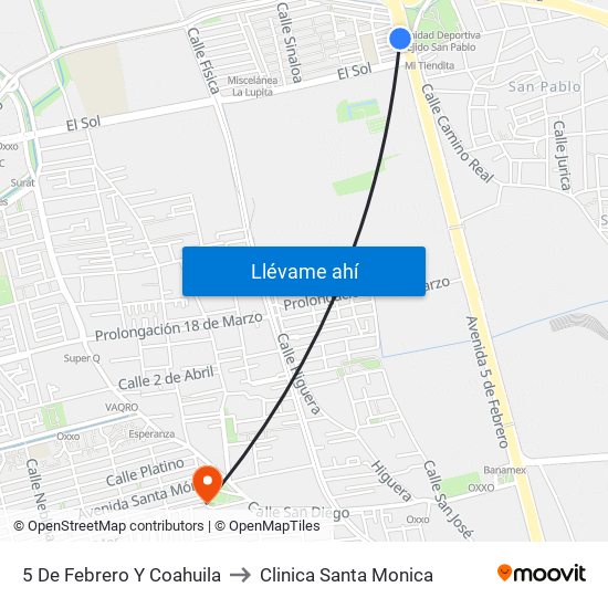 5 De Febrero Y Coahuila to Clinica Santa Monica map