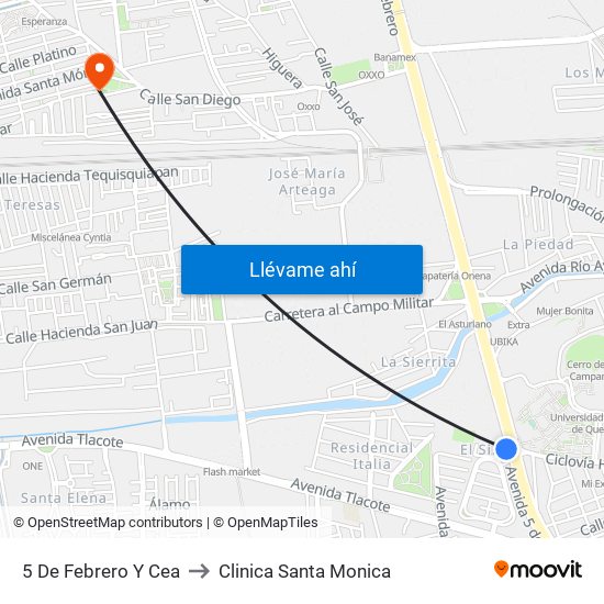 5 De Febrero Y Cea to Clinica Santa Monica map