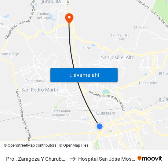 Prol. Zaragoza Y Churubusco to Hospital San Jose Moscati map