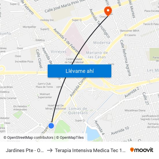 Jardines Pte - Ote to Terapia Intensiva Medica Tec 100 map