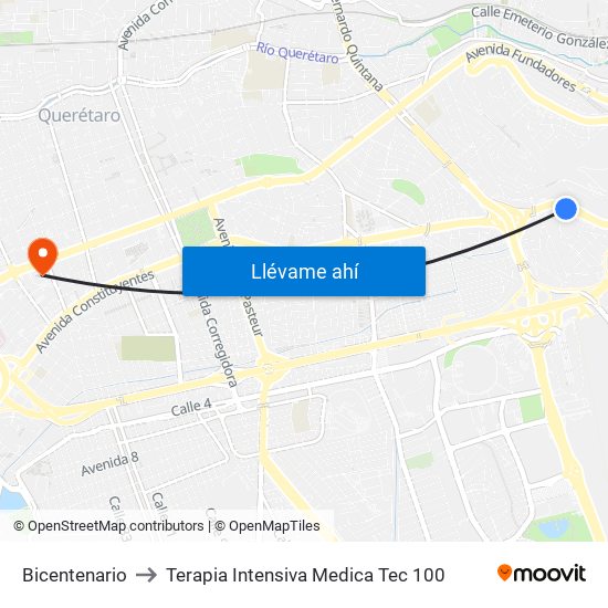 Bicentenario to Terapia Intensiva Medica Tec 100 map