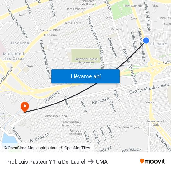 Prol. Luis Pasteur Y 1ra Del Laurel to UMA map