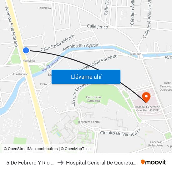 5 De Febrero Y Río Ayutla to Hospital General De Querétaro Issste map