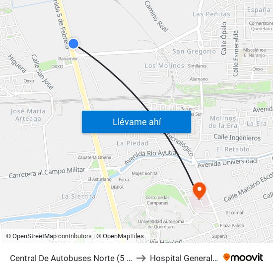 Central De Autobuses Norte (5 De Febrero Y Epigmenio González) to Hospital General De Querétaro Issste map