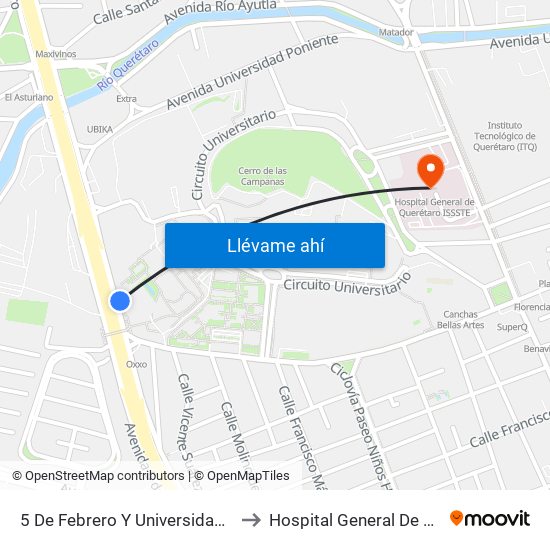 5 De Febrero Y Universidad Autonoma De Qro. to Hospital General De Querétaro Issste map