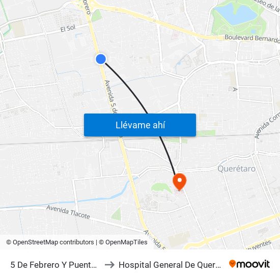 5 De Febrero Y Puente De Mabe to Hospital General De Querétaro Issste map