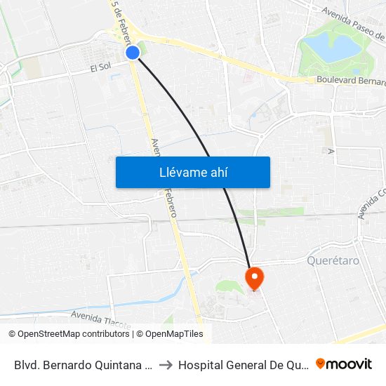 Blvd. Bernardo Quintana Y 5 De Febrero to Hospital General De Querétaro Issste map
