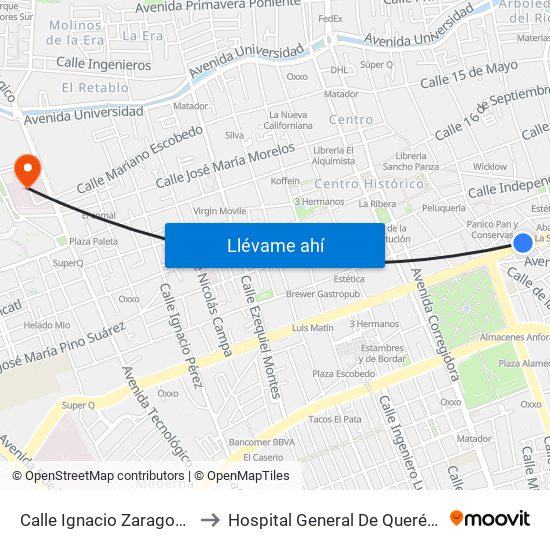 Calle Ignacio Zaragoza, 109_4 to Hospital General De Querétaro Issste map