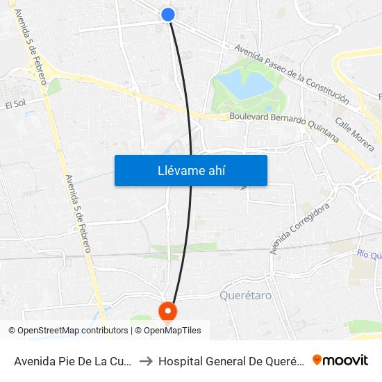 Avenida Pie De La Cuesta, 886 to Hospital General De Querétaro Issste map