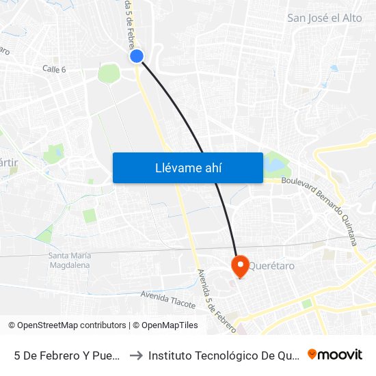 5 De Febrero Y Puente Jurica to Instituto Tecnológico De Querétaro (Itq) map