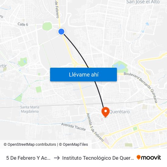 5 De Febrero Y Acceso IV to Instituto Tecnológico De Querétaro (Itq) map