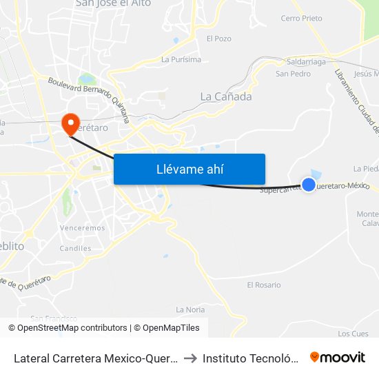 Lateral Carretera Mexico-Queretaro Y Guadalupe Ramirez Alvarez to Instituto Tecnológico De Querétaro (Itq) map