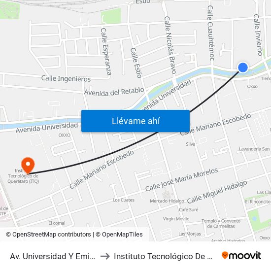 Av. Universidad Y Emilio Carranza to Instituto Tecnológico De Querétaro (Itq) map