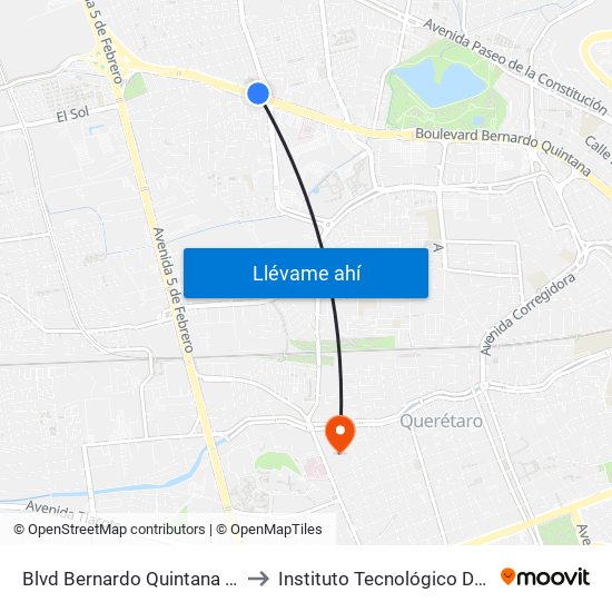 Blvd Bernardo Quintana Y Playa Condesa to Instituto Tecnológico De Querétaro (Itq) map