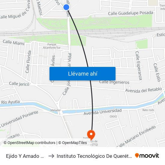 Ejido Y Amado Nervo to Instituto Tecnológico De Querétaro (Itq) map