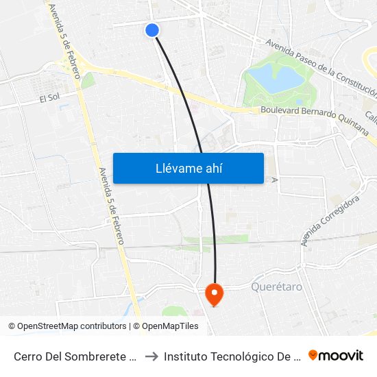 Cerro Del Sombrerete Y Prepa Norte to Instituto Tecnológico De Querétaro (Itq) map