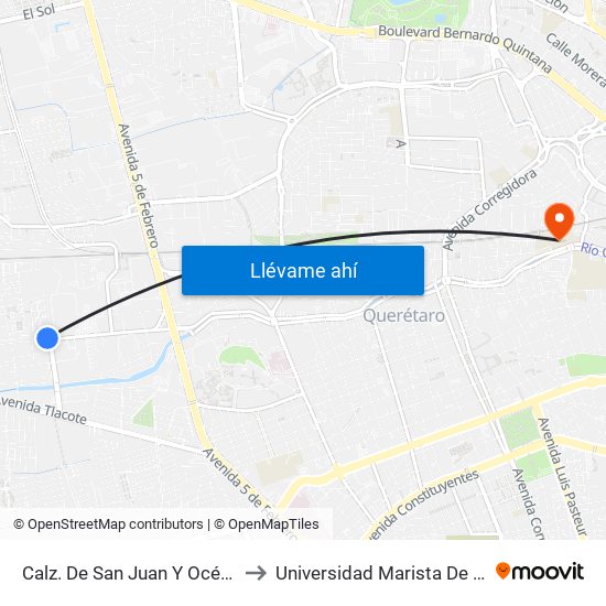 Calz. De San Juan Y Océano Índico to Universidad Marista De Querétaro map