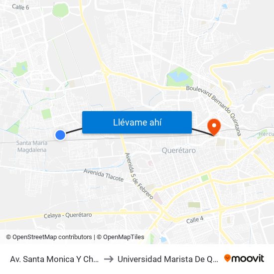 Av. Santa Monica Y Chubasco to Universidad Marista De Querétaro map