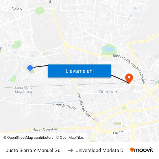 Justo Sierra Y Manuel Gutiérrez Nájera to Universidad Marista De Querétaro map