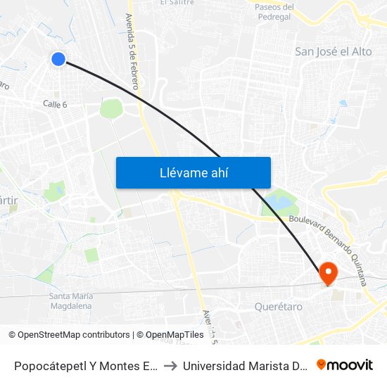 Popocátepetl Y Montes Escandinavos to Universidad Marista De Querétaro map