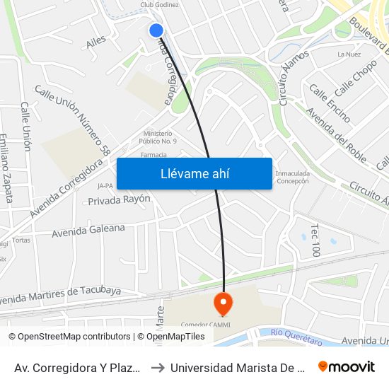 Av. Corregidora Y Plaza Dorada to Universidad Marista De Querétaro map